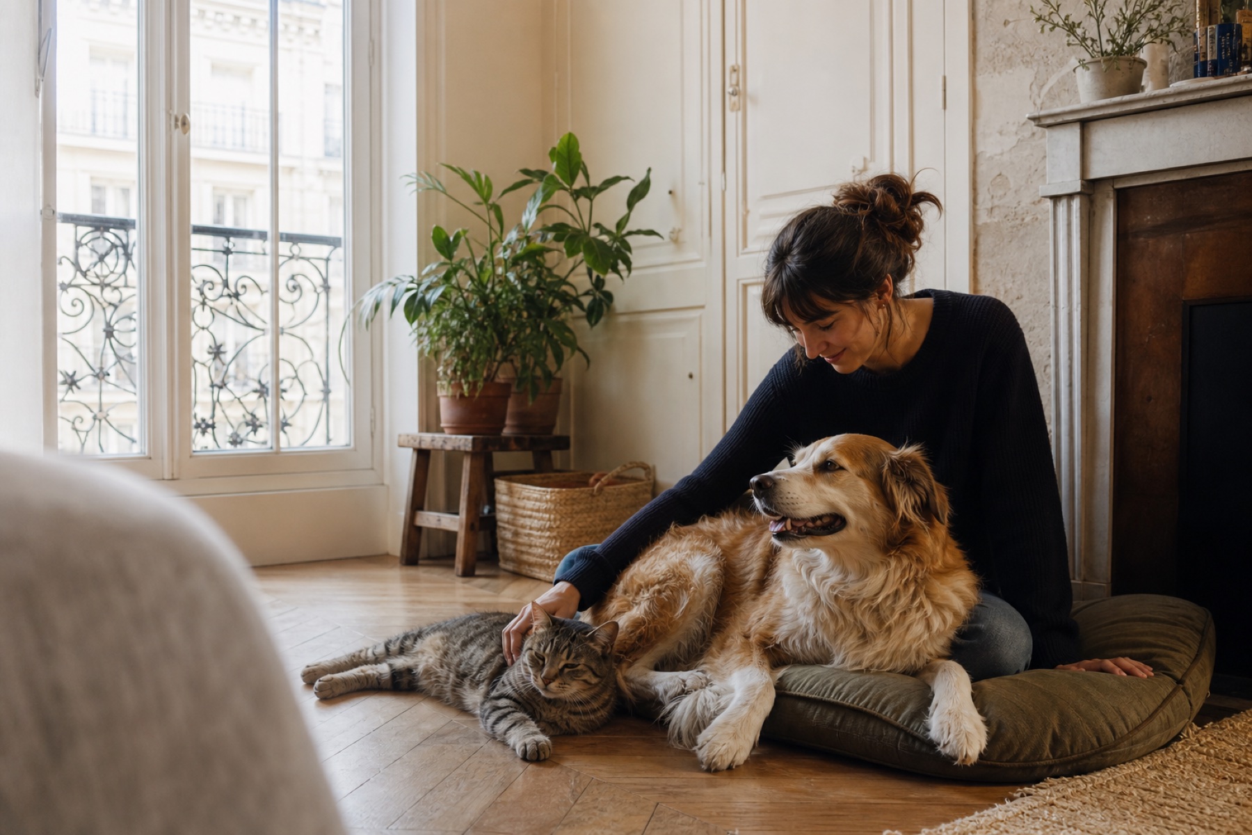 Une pet-sitter passe du temps avec un chien et un chat à leur domicile